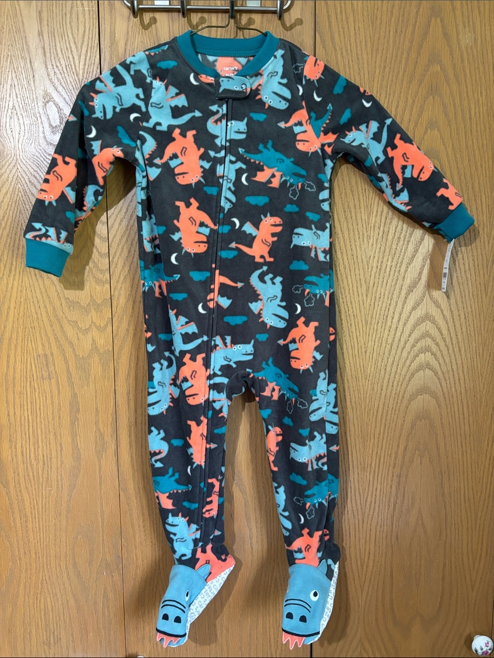 Carter's Dino Footed One-Piece Pajamas in Teal, Orange, Light Blue size 2t NWT